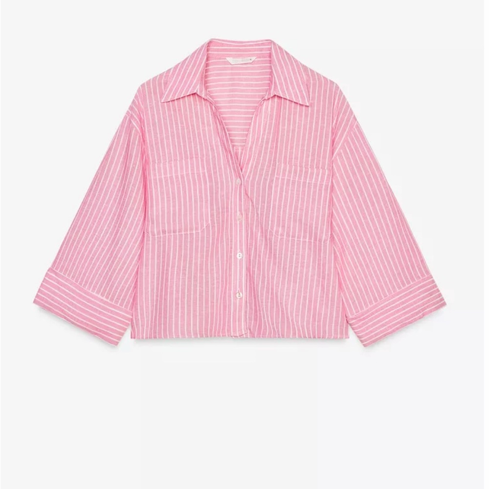 Zara Pink and White Striped Linen Shirt Size Small